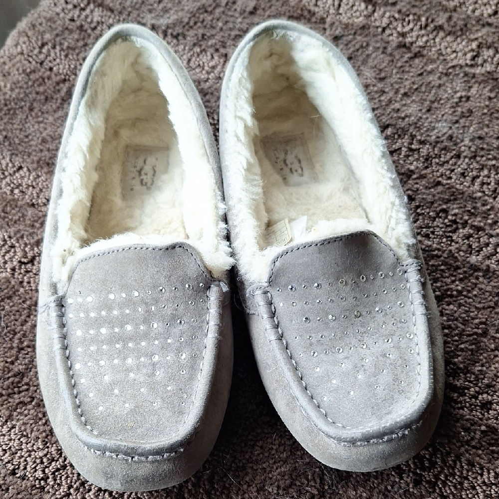 UGG Ansley Gray Suede Slippers with Crystal Embellishment